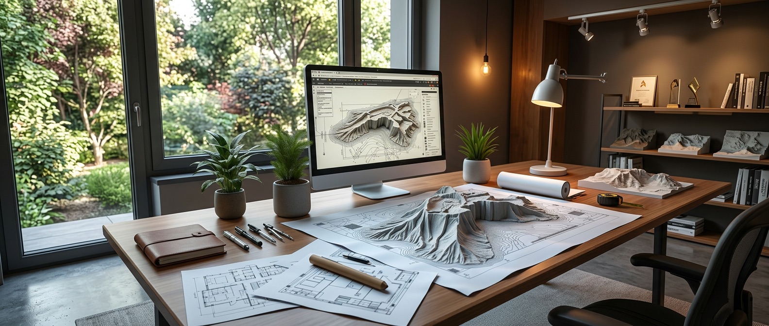 Workspace with monitors showing 3D terrain models and site drawings