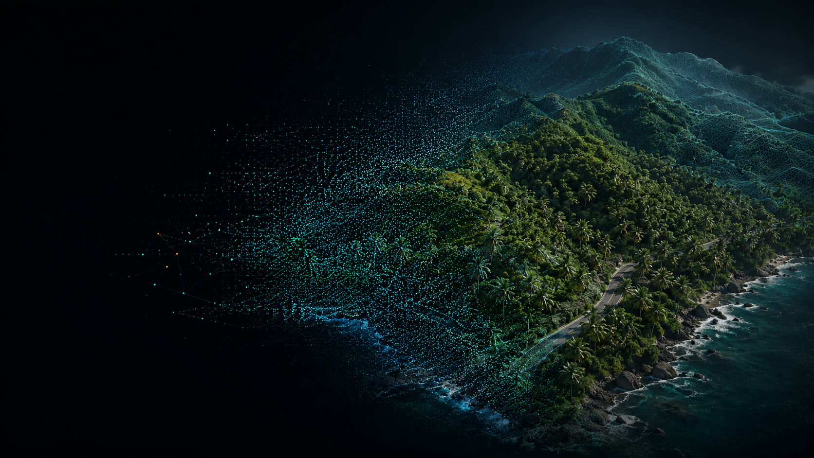 Aerial view of a Thai coastline dissolving into a 3D point cloud