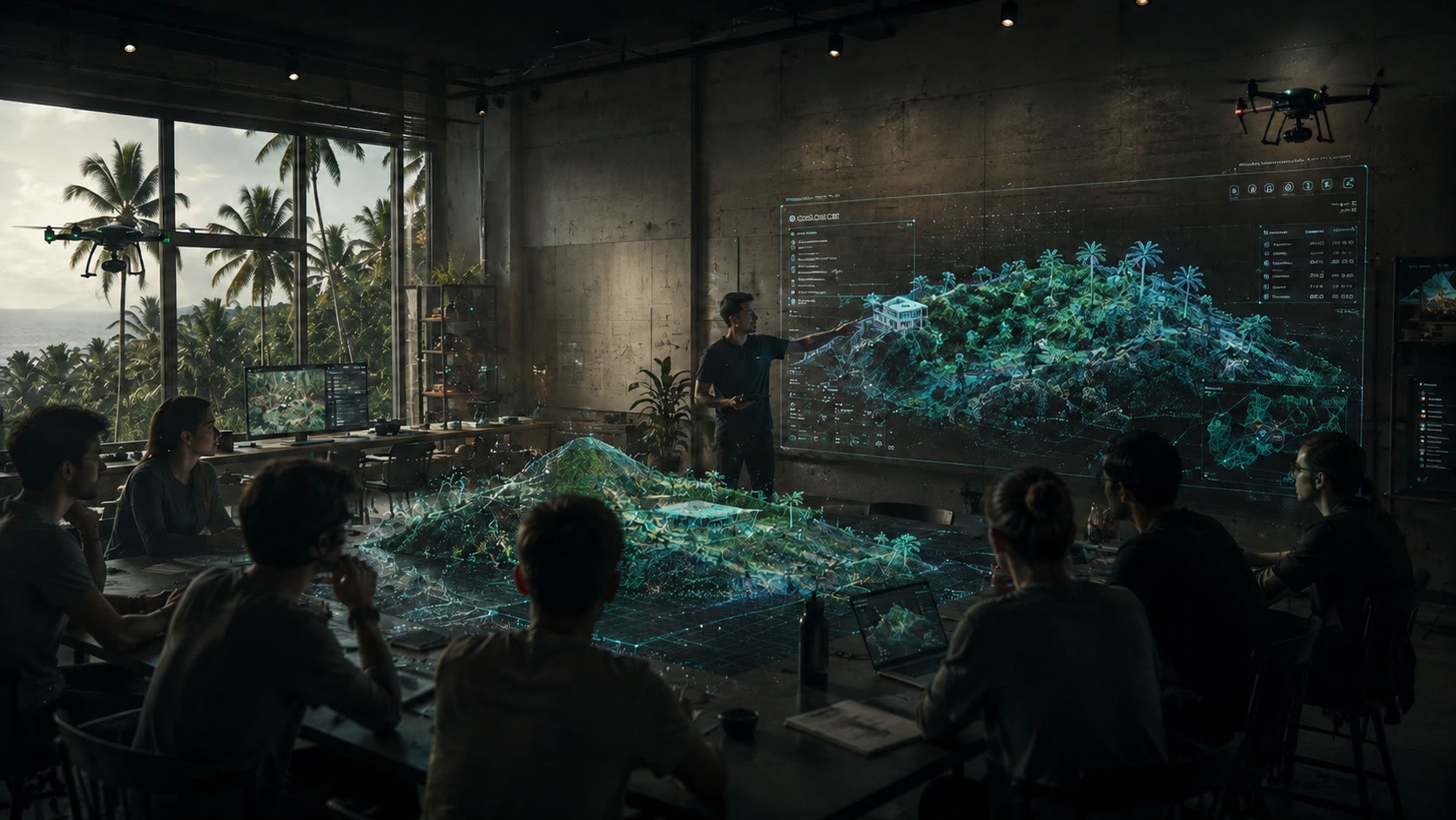 Classroom scene with a holographic land model and a hovering drone