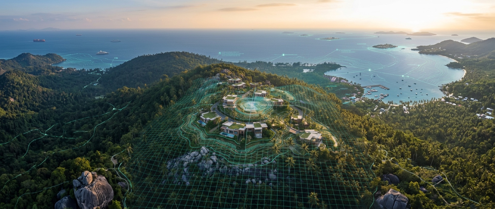Aerial view of a tropical hillside development overlaid with a glowing 3D contour scan of the terrain